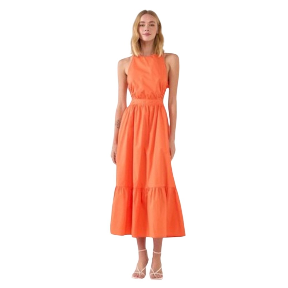 English Factory Orange Cut Out Open Back Tiered Midi Dress XS Sleeveless Cotton